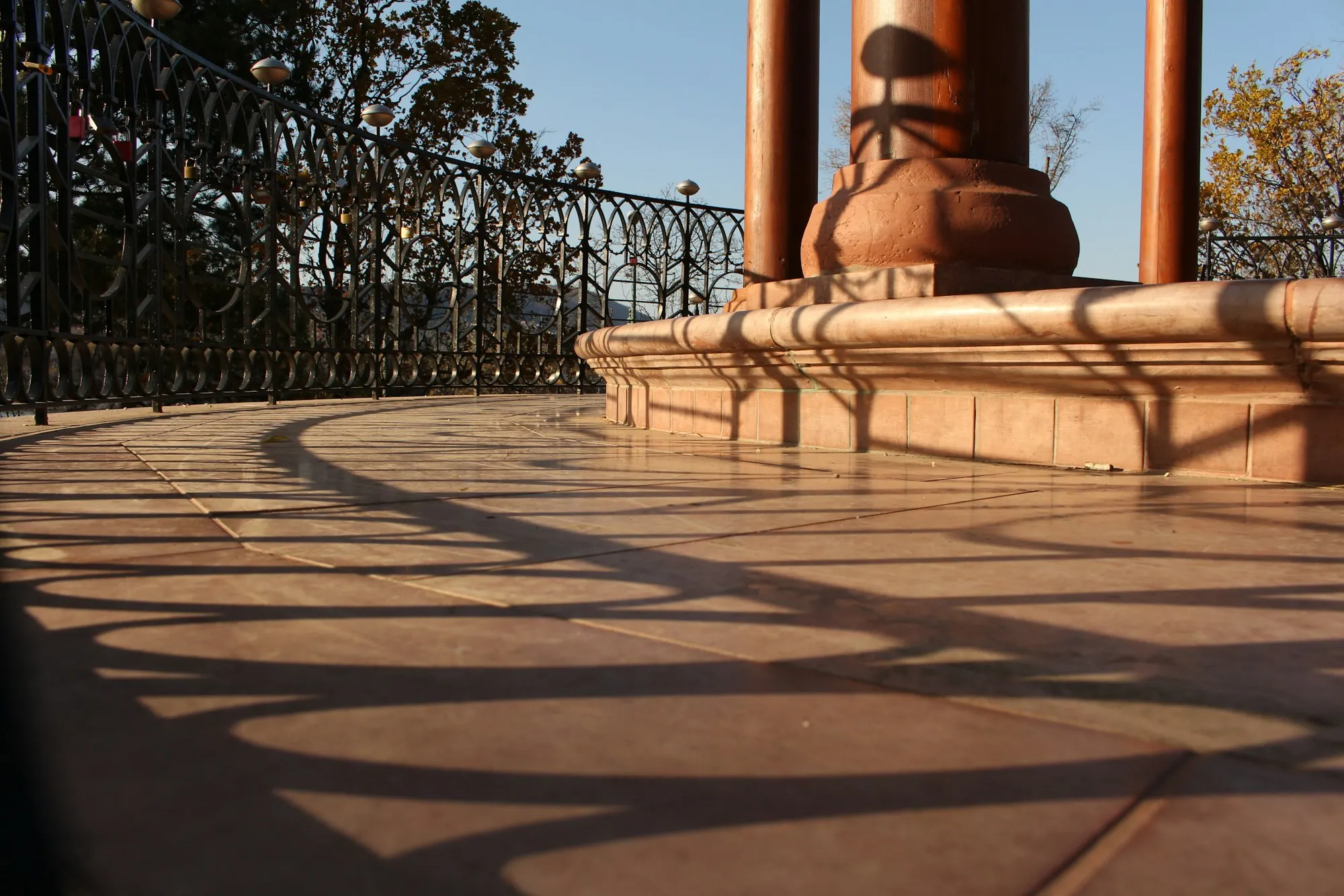 Stamped concrete terrace in warm evening light